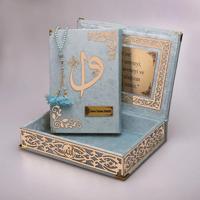 Kadife Kutulu Kur'an (Tesbih Hediyeli) - Mavi