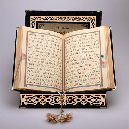 Kadife Kutulu Kur'an (Tesbih Hediyeli) - Siyah